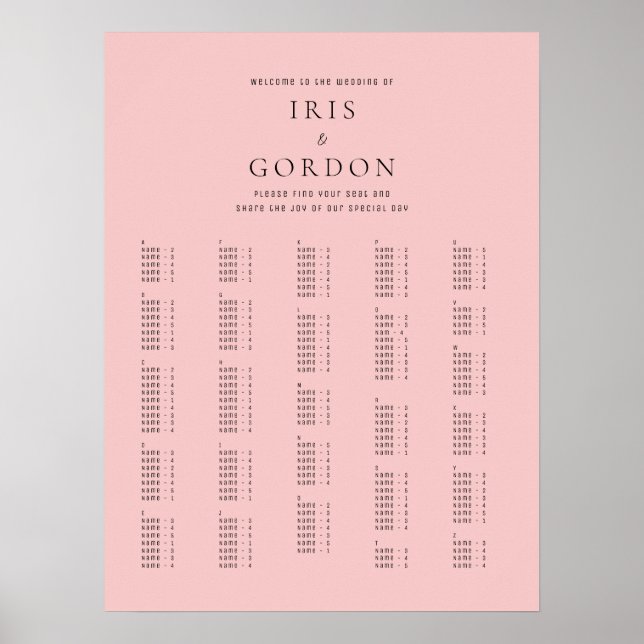Elegant Minimalist Rose Alphabetical Seating Chart (Front)