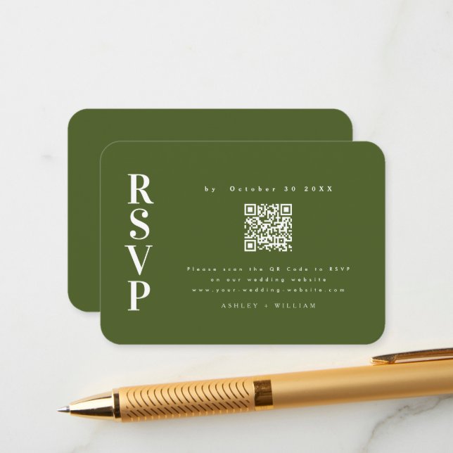 Elegant Minimalist Rsvp Moss Green Qr Code Wedding Enclosure Card (Front/Back In Situ)