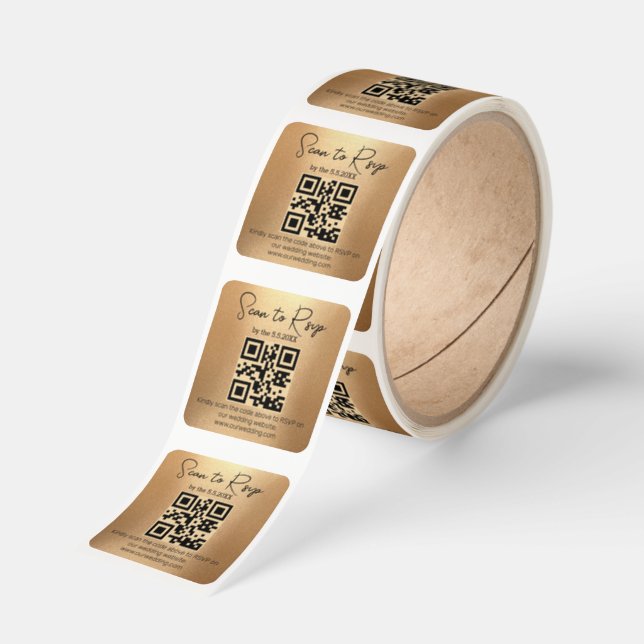 elegant minimalist rsvp qr code wedding gold square sticker (Roll)