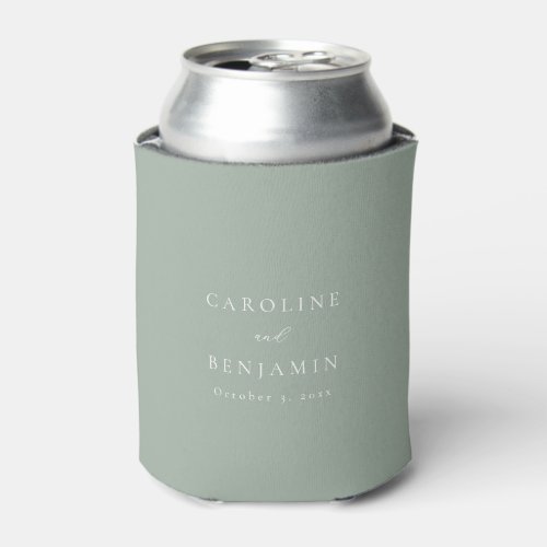 Elegant Minimalist Sage Green Calligraphy Wedding Can Cooler