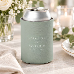 Elegant Minimalist Sage Green Calligraphy Wedding Can Cooler