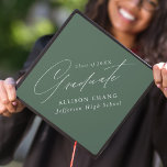 Elegant Minimalist Sage Green Graduation Cap Topper<br><div class="desc">Elegant graduation cap topper featuring "Graduate" displayed in a beautiful white calligraphy script with a sage green background. Personalize the graduation cap topper with the graduate's name,  school name,  and graduation year.</div>