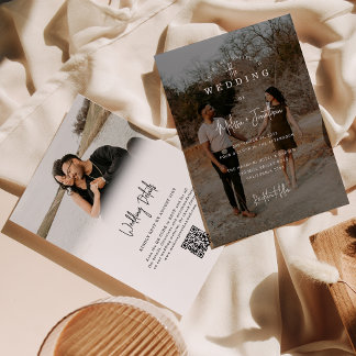 Elegant Minimalist Script 2 Photo QR code Wedding  Invitation