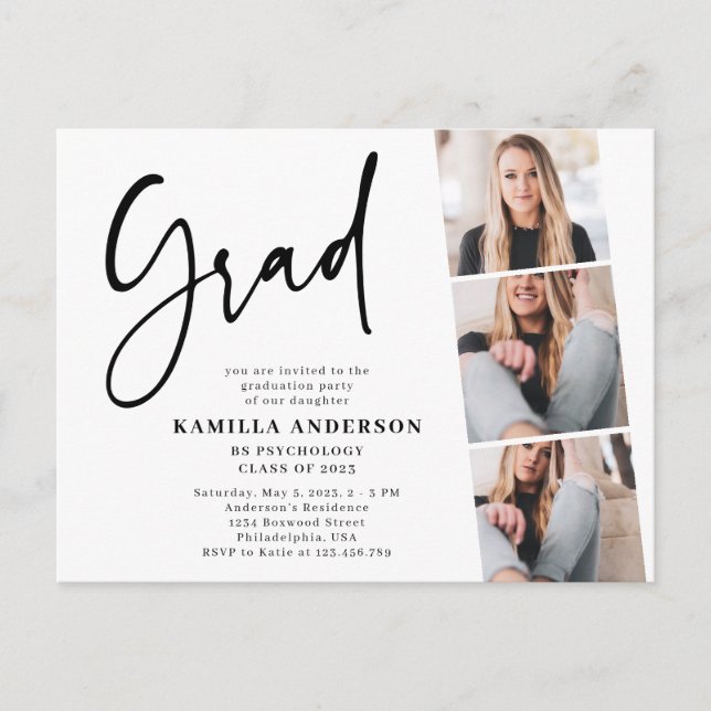 Elegant Minimalist Script 3 Photo Graduation  Invitation Postcard (Front)