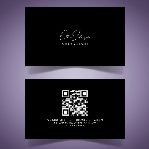 Elegant Minimalist Script Black and White QR CODE  Business Card