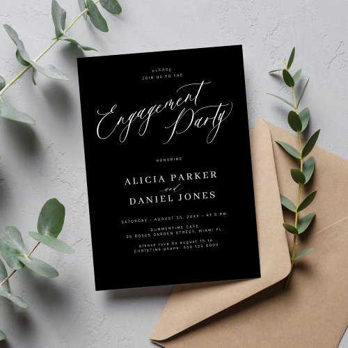Elegant minimalist script black engagement party invitation