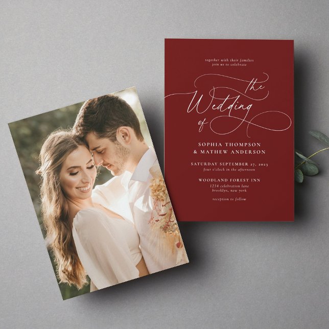 Elegant Minimalist Script Burgundy Photo Wedding Invitation (Creator Uploaded)