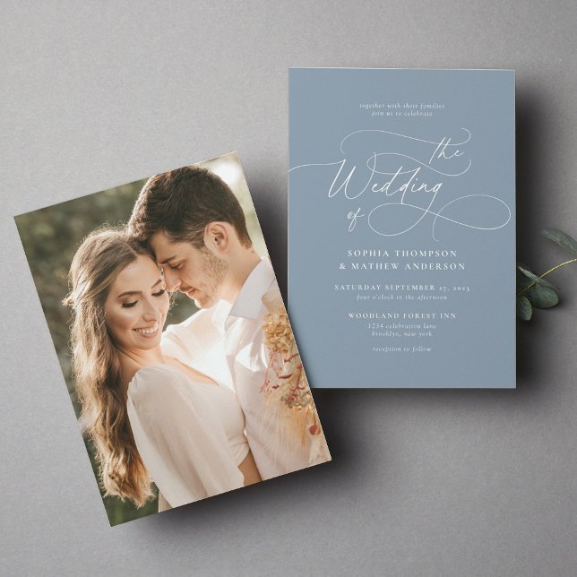 Elegant Minimalist Script Dusty Blue Photo Wedding Invitation (Creator Uploaded)