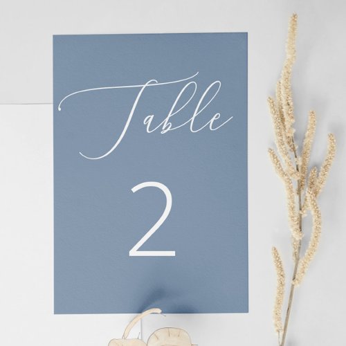 Elegant minimalist script dusty blue wedding table number