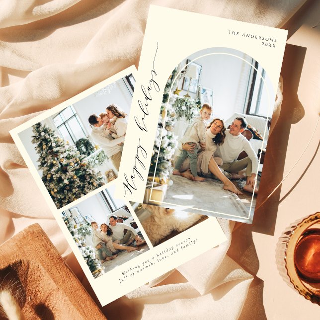 Elegant Minimalist Script Happy Holidays 4 Photo  Holiday Card (Creator Uploaded)