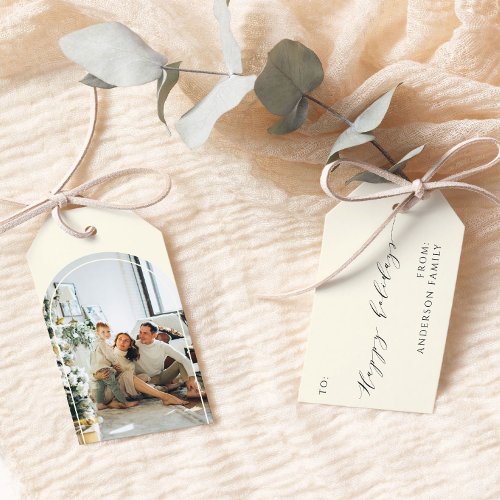 Elegant Minimalist Script Happy Holidays Photo Gift Tags