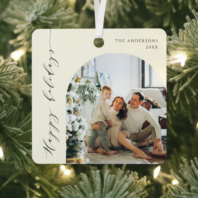Elegant Minimalist Script Happy Holidays Photo Metal Ornament (Insitu)