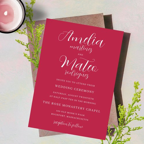 Elegant Minimalist Script Modern Magenta Wedding Invitation