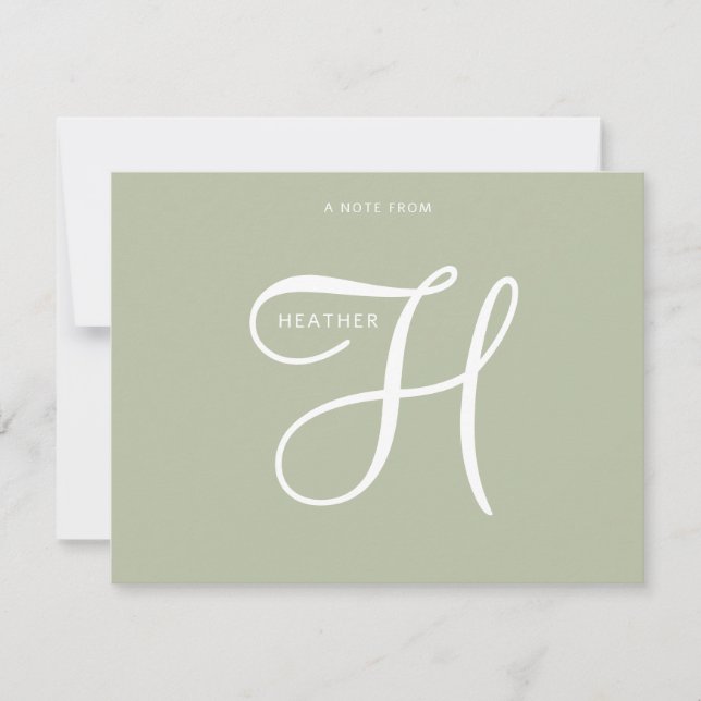 Elegant Minimalist Script Monogrammed Sage Green Note Card (Front)