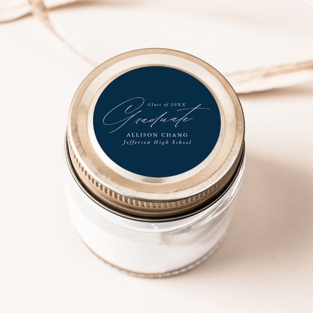 Elegant Minimalist Script Navy Graduation Classic Round Sticker (Creator Uploaded)