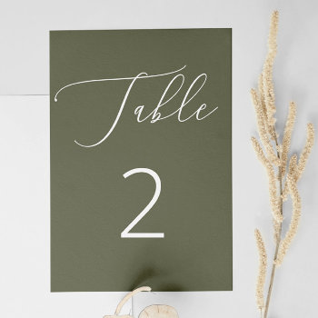 Elegant Minimalist Script Olive Green Wedding Table Number by RemioniArt at Zazzle