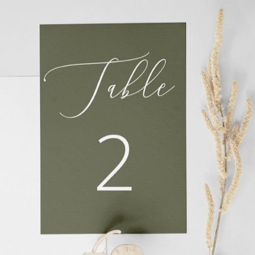 Elegant minimalist script olive green wedding table number