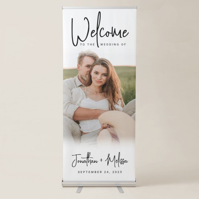Elegant Minimalist Script Photo Wedding Welcome Retractable Banner (Front)