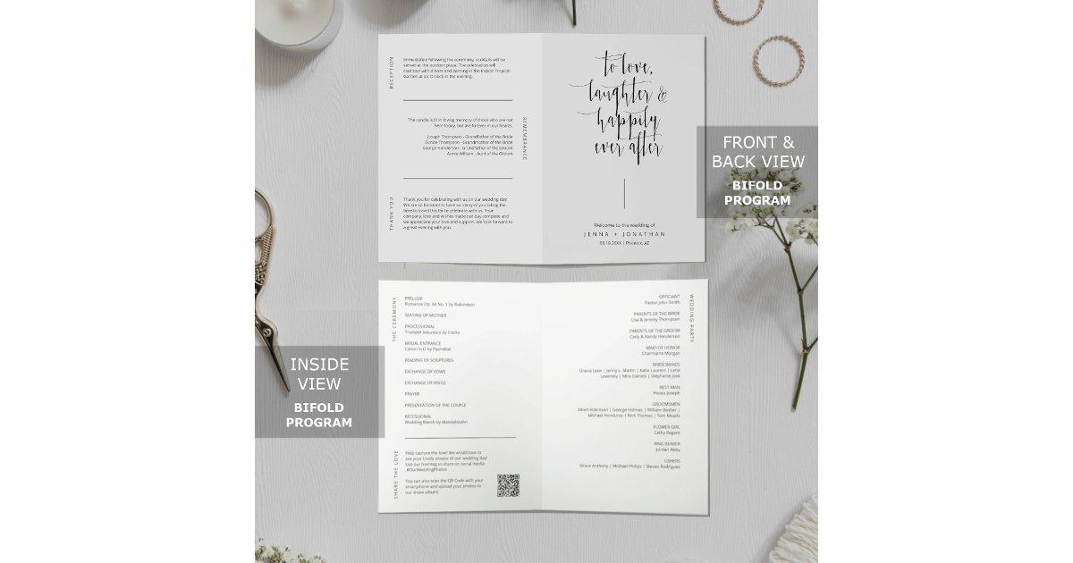 Answer Booklet Script Qr Code Photo Elegant Minimalist Script QR Code Wedding Folded Program | Zazzle