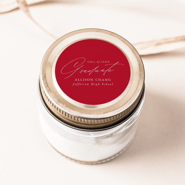 Elegant Minimalist Script Red Graduation Classic Round Sticker (Creator Uploaded)
