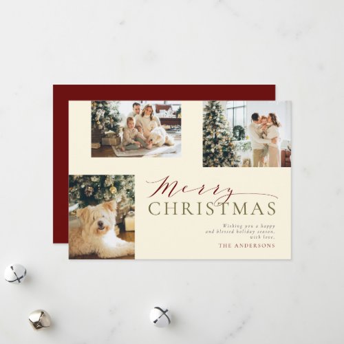 Elegant Minimalist Script Three Photo Christmas  Holiday Card