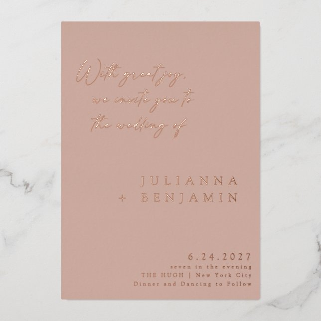 Elegant Minimalist Script Wedding Blush Rose Gold Foil Invitation (Front)
