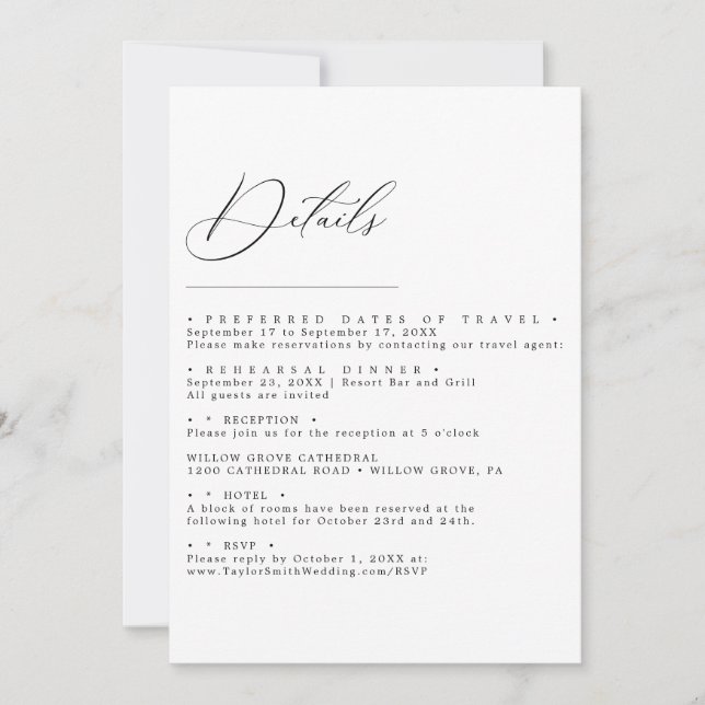 Elegant Minimalist Script Wedding Details card (Front)