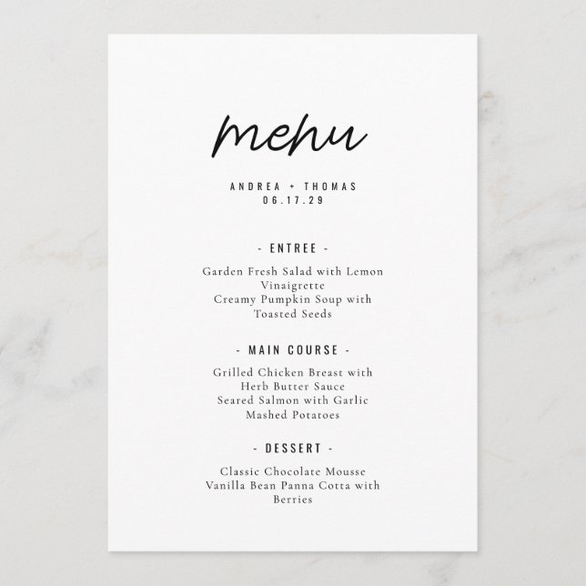 Elegant Minimalist Script Wedding Menu (Front)
