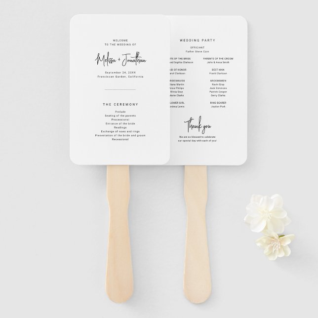 Elegant Minimalist Script Wedding Program Hand Fan (Front and Back)