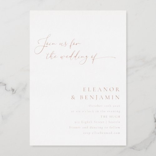 Elegant Minimalist Script Wedding White Rose Gold Foil Invitation