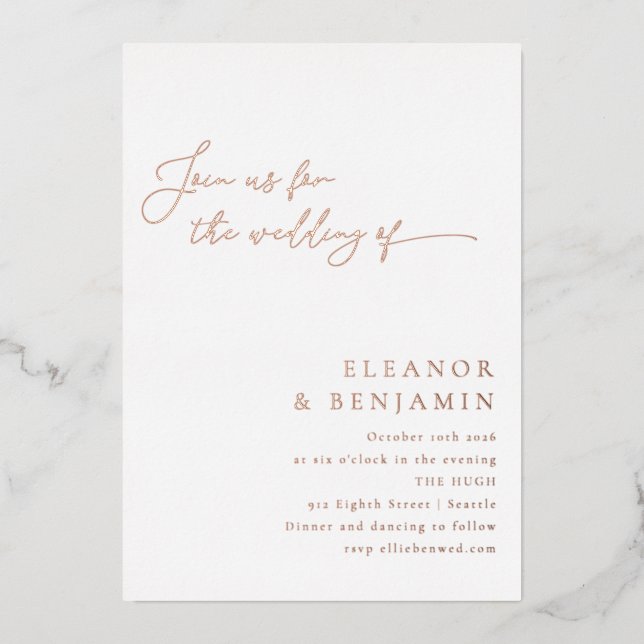 Elegant Minimalist Script Wedding White Rose Gold Foil Invitation (Front)