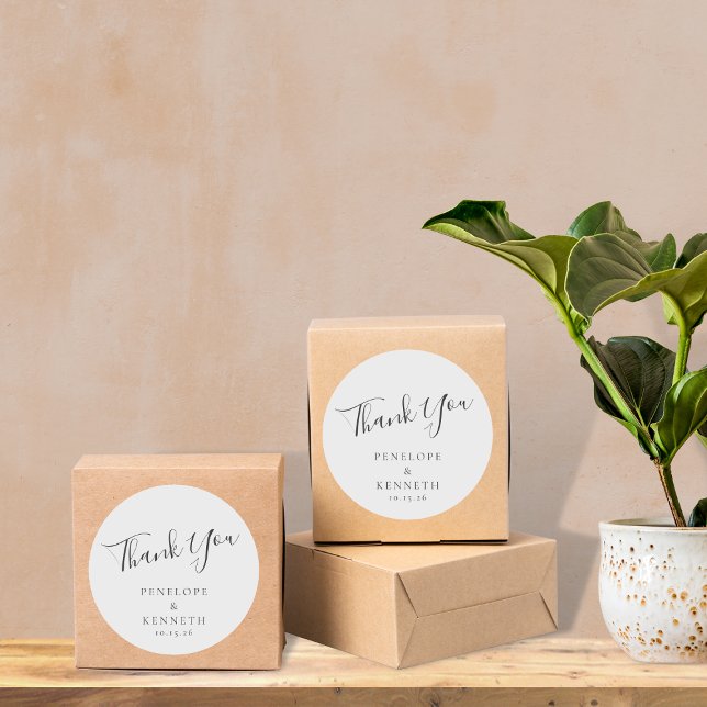 Elegant Minimalist Script White Custom Wedding Classic Round Sticker (Creator Uploaded)