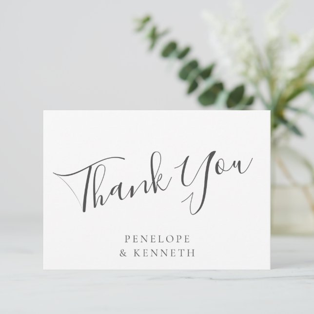 Elegant Minimalist Script White Custom Wedding Thank You Card (Standing Front)