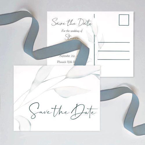 Elegant Minimalist Silver Leaves Save the Date Postcard