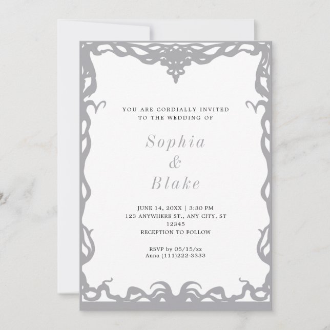 Elegant Minimalist Silver & White Art Deco Wedding Invitation (Front)