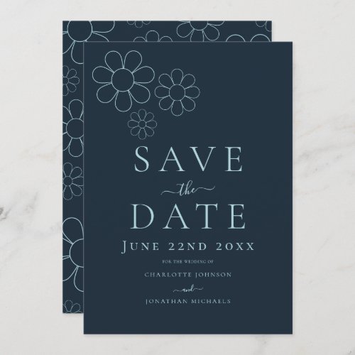 Elegant Minimalist Simple Daisy Navy Blue Wedding Save The Date