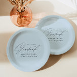 Elegant Minimalist Sky Blue Graduation Paper Plates<br><div class="desc">Elegant graduation paper plates featuring "Graduate" displayed in a beautiful black script with a light blue background. Personalize the graduation plates by adding the graduate's name,  school name,  and graduation year. The personalized graduation paper plates are perfect for both high school and college graduation parties.</div>