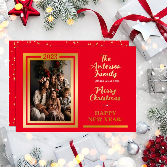 Elegant Minimalist | Stars | Merry Christmas Photo Foil Holiday Card (Classy and elegant one photo real gold foil "Merry Christmas" and "Happy New Year" design.)