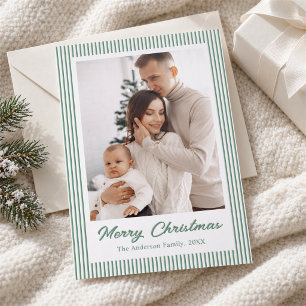 Elegant Minimalist Striped Green Christmas Holiday Letterpress Photo Cards
