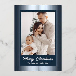 Elegant Minimalist Striped Navy Blue Christmas Foil Holiday Card