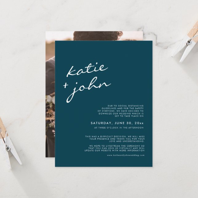 Elegant Minimalist Teal Blue Downsized Wedding Invitation (Front/Back In Situ)