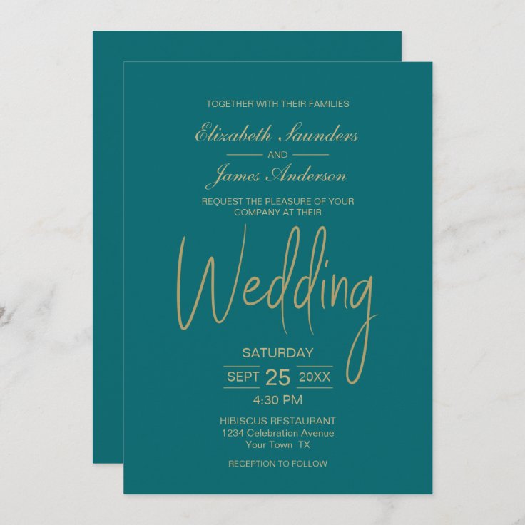 Elegant Minimalist Teal Gold Wedding Invitation | Zazzle