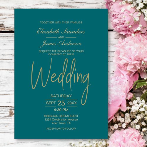 Elegant Minimalist Teal Gold Wedding Invitation