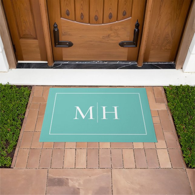 Elegant Minimalist Teal Green White Monogram Doormat (Outdoor)