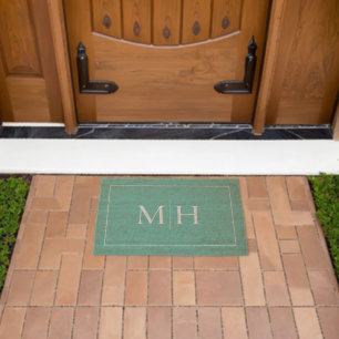 Elegant Minimalist Teal Green White Monogram Fiber Doormat