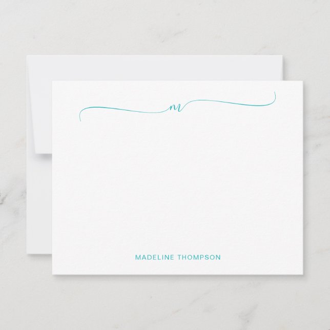 Elegant Minimalist Teal Monogram Calligraphy  Note Card (Front)