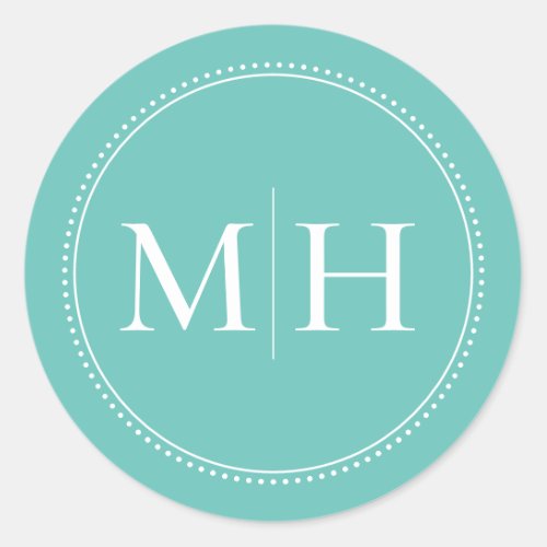 Elegant Minimalist Teal Monogram Dotted Border Classic Round Sticker