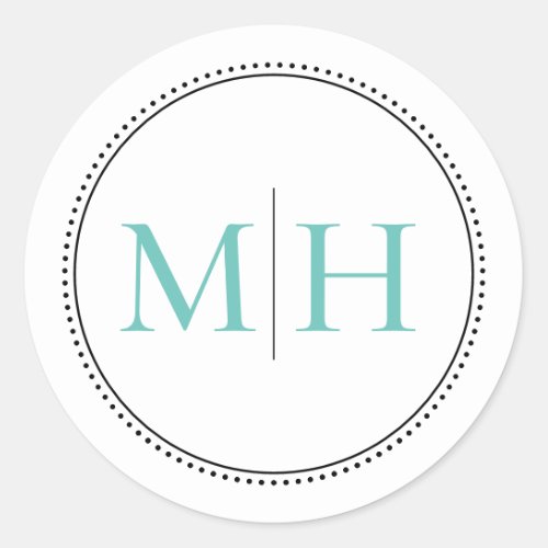 Elegant Minimalist Teal Monogram Dotted Border Classic Round Sticker