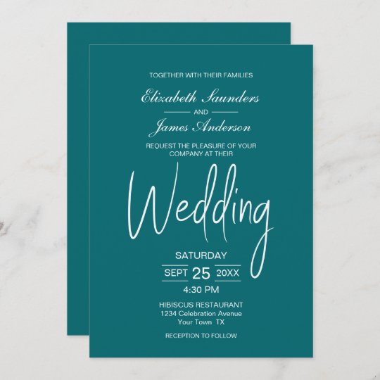 Elegant Minimalist Teal White Wedding Invitation | Zazzle.com