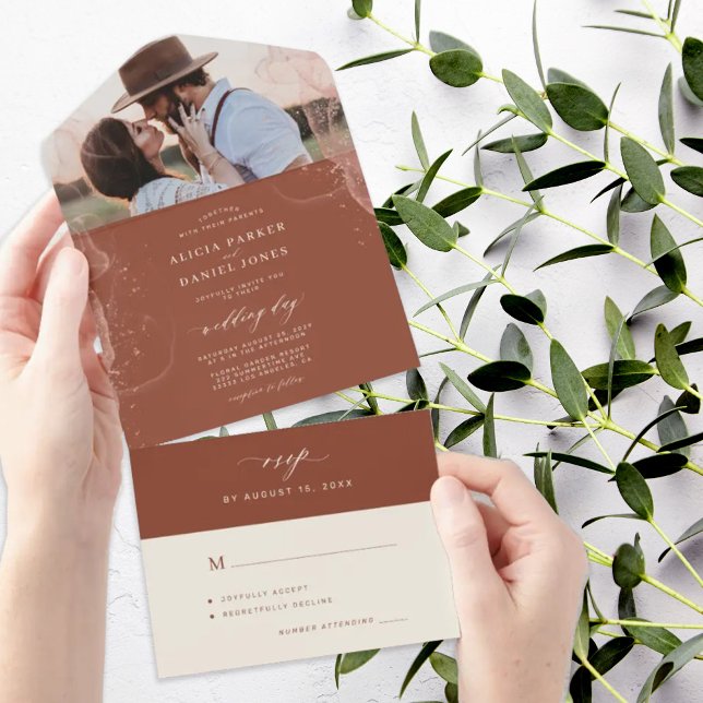 Elegant minimalist terracotta photo wedding all in one invitation (Creator Uploaded)
